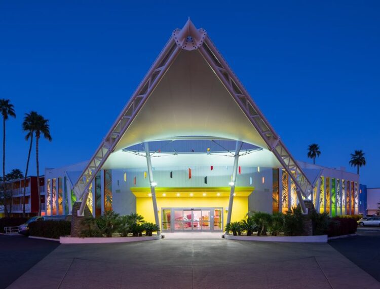 The Saguaro Palm Springs front entrance at evening