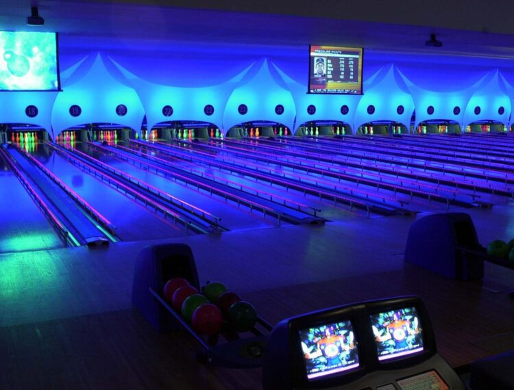 bowling alley lit up