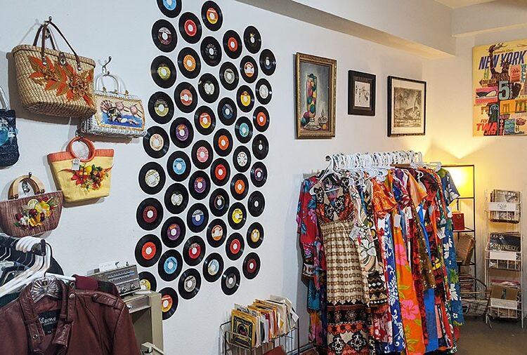 Vintage records, bags, and clothing at Iconic Atomic