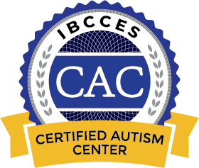 Logo of the Certified Autism Center (CAC) with a blue and gold seal that includes the text "IBCCES CAC CERTIFIED AUTISM CENTER" and two olive branches surrounding the seal.