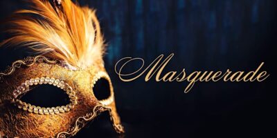 A golden masquerade mask adorned with feathers and sequins on the left side of the image, with the word "Masquerade" written in elegant script on the right, against a dark blue bokeh background.