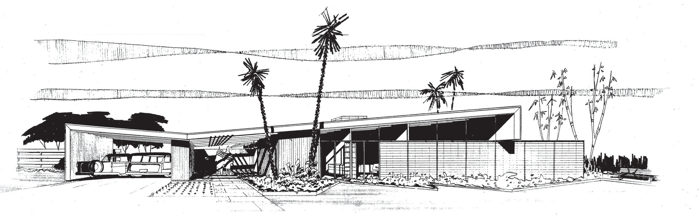 Black and white architectural sketch of a mid-century modern style house with palm trees, large windows, and a carport.