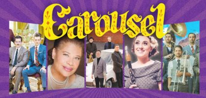 Collage of various images featuring people in diverse attire and poses, set against a purple background with radiating lines, and a yellow and red "Carousel" script in a vintage font, placed in the center.