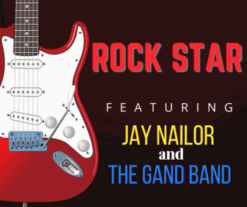 Promotional graphic for a music event featuring a red electric guitar with the text "ROCK STAR" in large red letters, beneath which reads "featuring JAY NAILOR and THE GAND BAND" in smaller yellow and blue letters on a dark background.