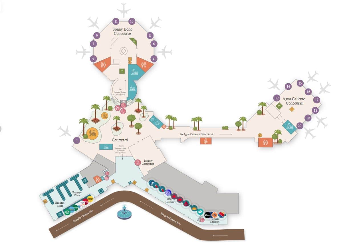 An illustrated airport terminal map displaying two concourses labeled 'Sonny Bono Concourse' and 'Agua Caliente Concourse' with designated gates numbered 1-20, a courtyard area, ticket counters, baggage claim, a security checkpoint, and various amenities represented by icons.