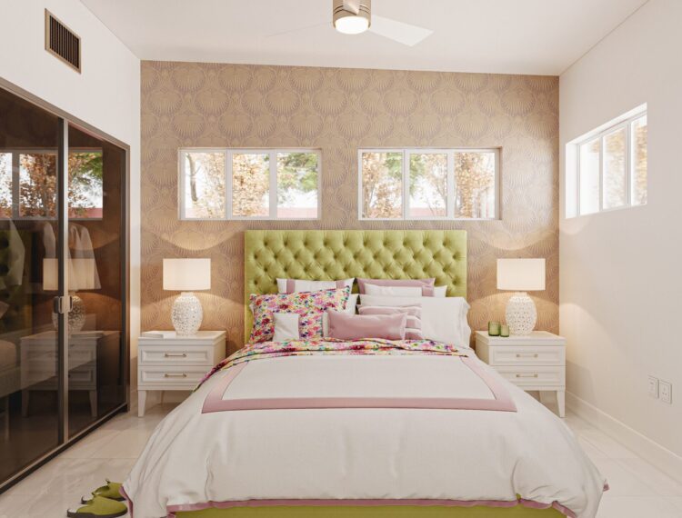A modern bedroom design featuring a large bed with colorful bedding and a green tufted headboard, flanked by two white nightstands with table lamps. The room has a patterned wall, mirrored wardrobe doors, light hardwood flooring, and windows offering natural light. A white ceiling fan is mounted above.
