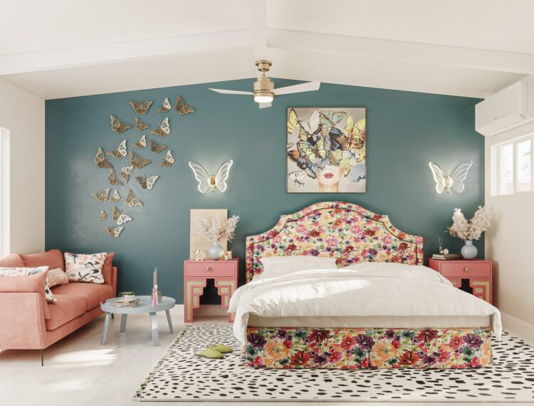 A vibrant bedroom with a floral upholstered bed, teal walls adorned with butterfly decorations and artwork, a coral sofa, pink bedside tables, and a polka-dotted area rug.