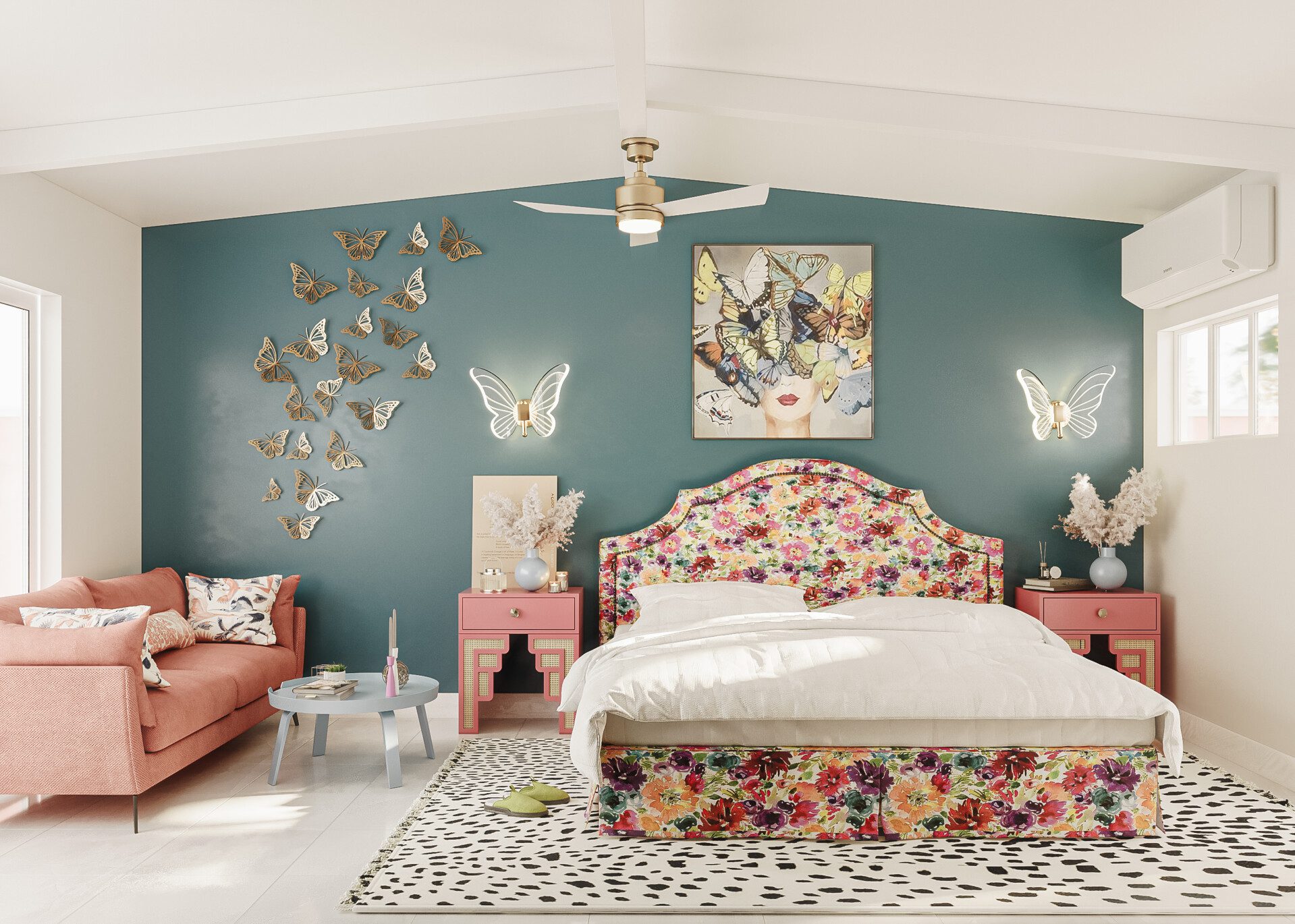 A vibrant bedroom with a floral upholstered bed, teal walls adorned with butterfly decorations and artwork, a coral sofa, pink bedside tables, and a polka-dotted area rug.