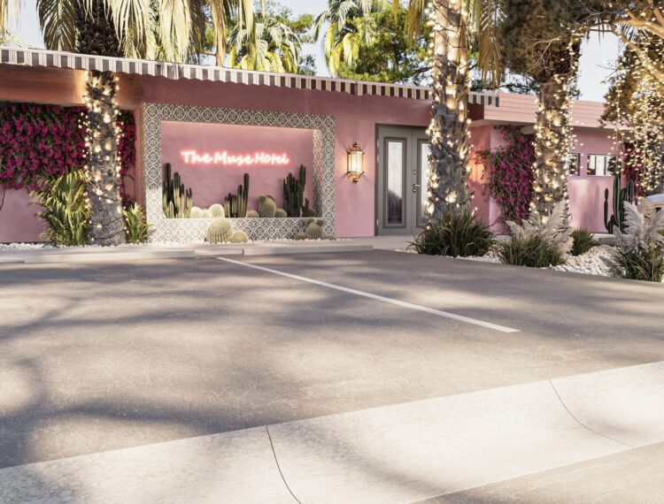 A pink hotel facade adorned with bougainvillea and lighted trees flanking a neon sign that reads "The Muse Hotel."