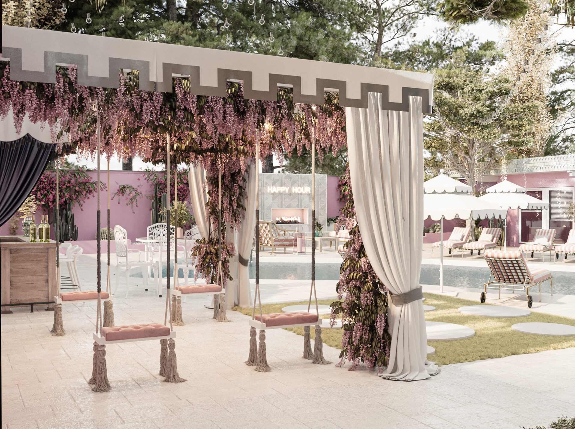 An outdoor luxury lounge area with hanging flower decorations, draped curtains, swings, and a "HAPPY HOUR" neon sign in the background near a pool with loungers and umbrellas.